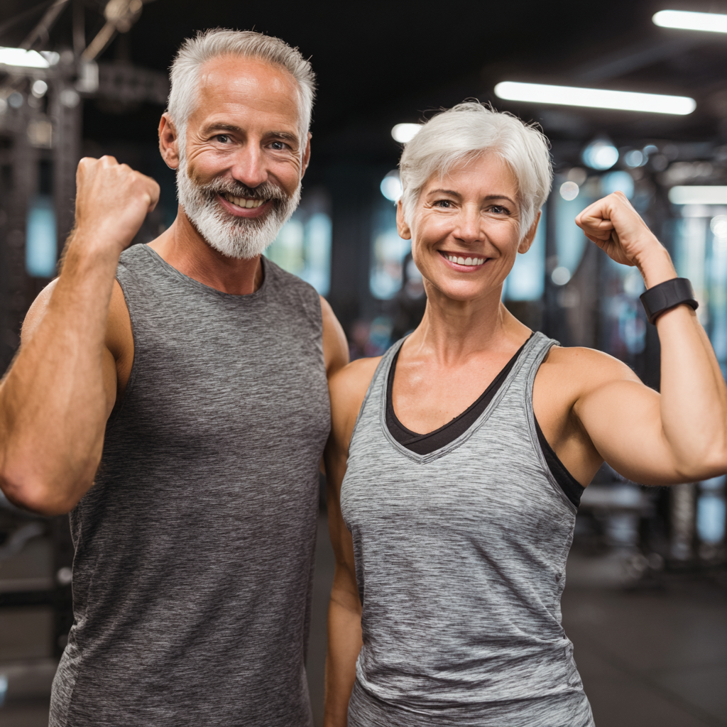 Mature adults celebrating fitness achievements showing improved health and confidence in professional gym setting